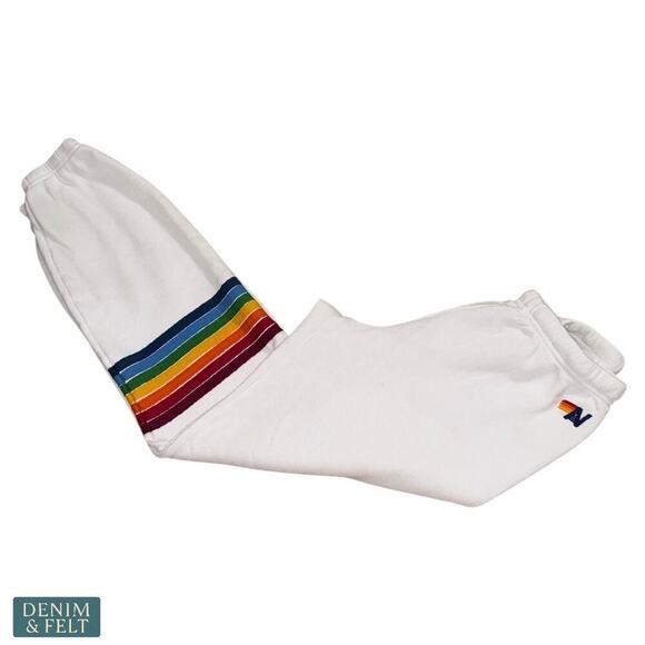 Aviator Nation Rainbow Stitch White Sweatpants Retro Joggers Lounge Pants - Picture 7 of 15